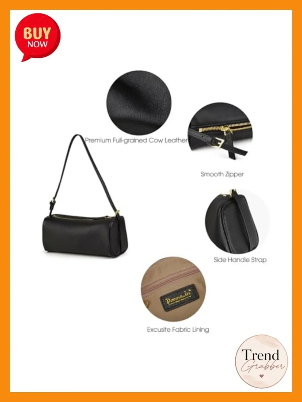 Premium Full Grained Leather Crossbody Barrel Hobo Bag with Adjustable Strap